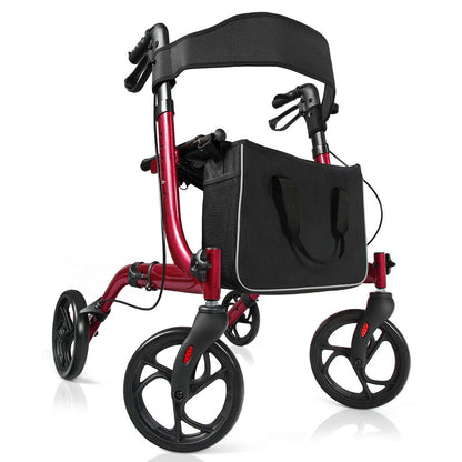 Red four-wheeled walker with a seat and bag, shown from a three-quarter angle