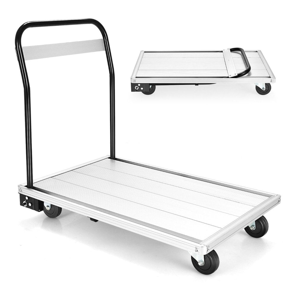 Folding Aluminum Alloy Platform Truck with 4 TPR Wheels and Handle, showing the whole product from a front angle