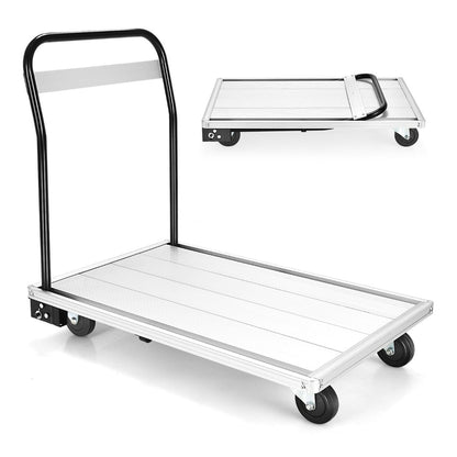Folding Aluminum Alloy Platform Truck with 4 TPR Wheels and Handle, showing the whole product from a front angle