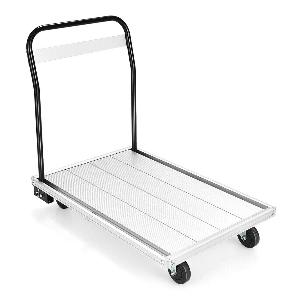 The aluminium platform truck from a slightly elevated side view