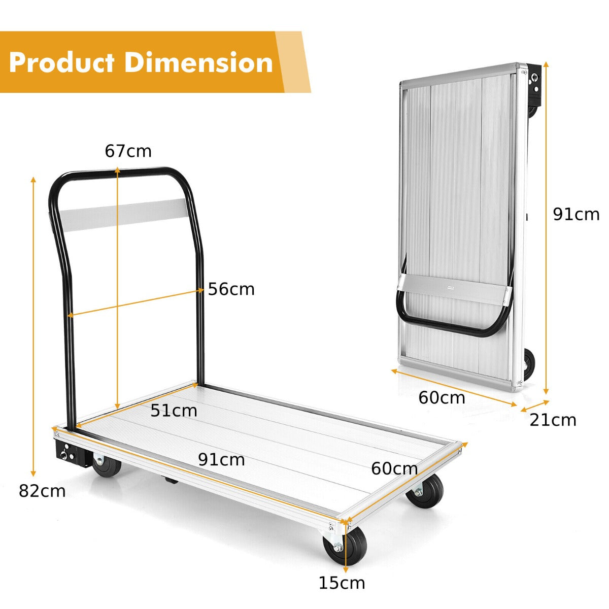 Product dimension diagram for the aluminium platform truck
