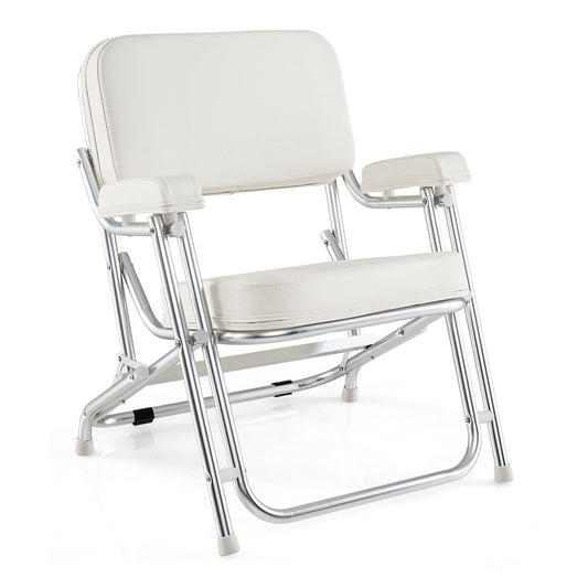 Folding Aluminum Deck Chair with Upholstered Seat, a white upholstered chair with aluminium frame