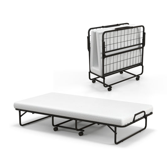 Folding Bed with 10 cm Mattress for Adults and Kids, shown open and folded