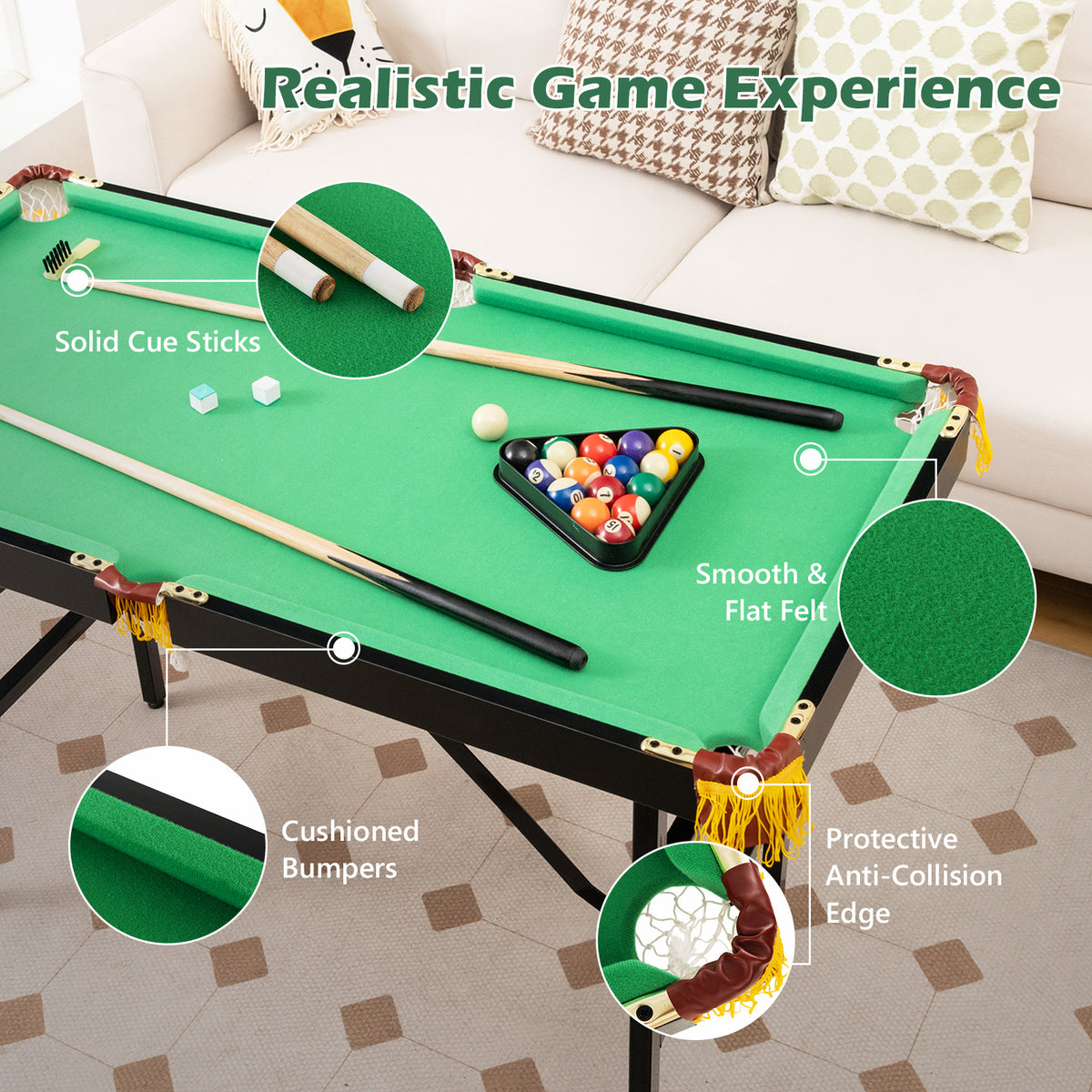 Close up of the green folding billiards table showing felt and bumpers