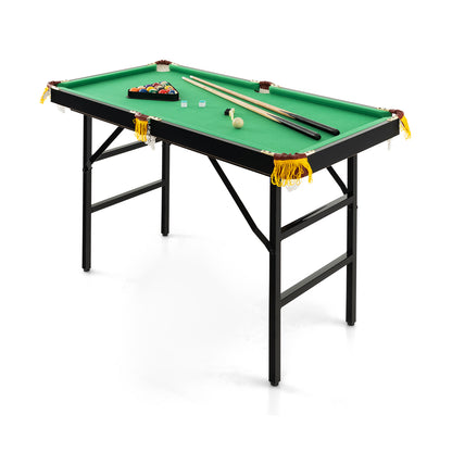 Folding Billiards Table with Accessory Set for Whole Family green table with black legs and billiard balls and cues