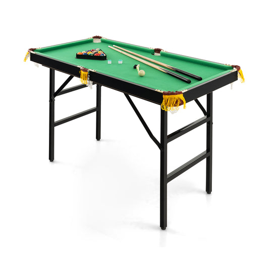 Folding Billiards Table with Accessory Set for Whole Family green table with black legs and billiard balls and cues