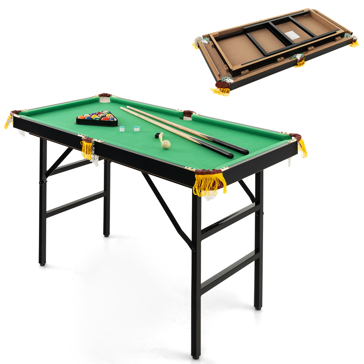 Green folding billiards table with accessories on a white background