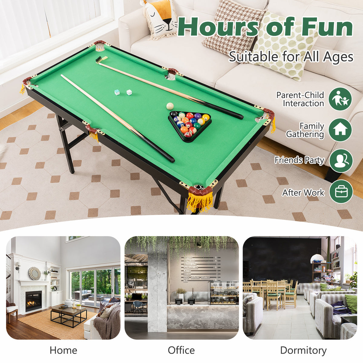 Collapsible green billiards table set up in a living room with text about hours of fun