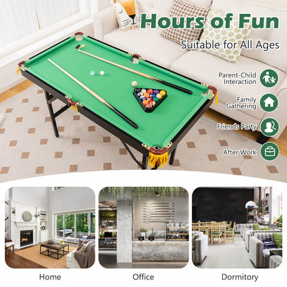 Collapsible green billiards table set up in a living room with text about hours of fun