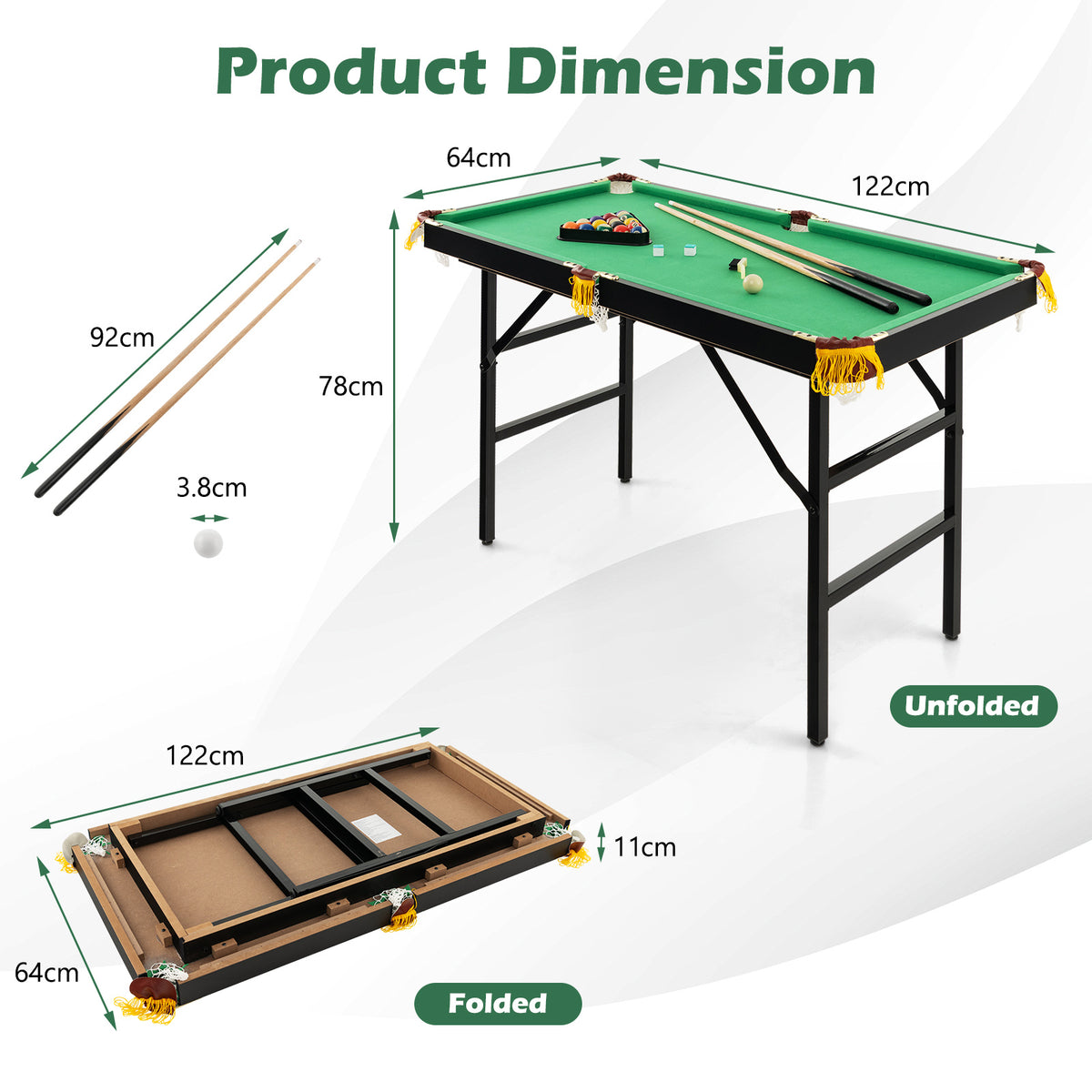 Dimensions of the green folding billiards table when unfolded and folded