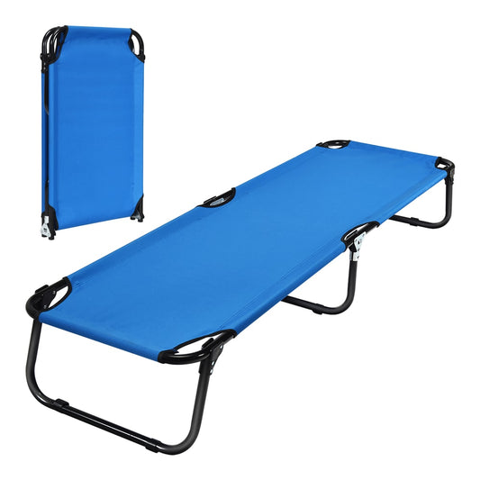 Folding Camping Bed shown in both its upright folded position and fully extended flat position