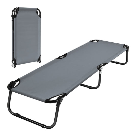 Folding Camping Bed in grey, shown folded and unfolded