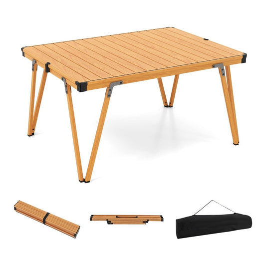 Folding Camping Table with Storage Bag and Waterproof Desktop shown fully assembled with accessories