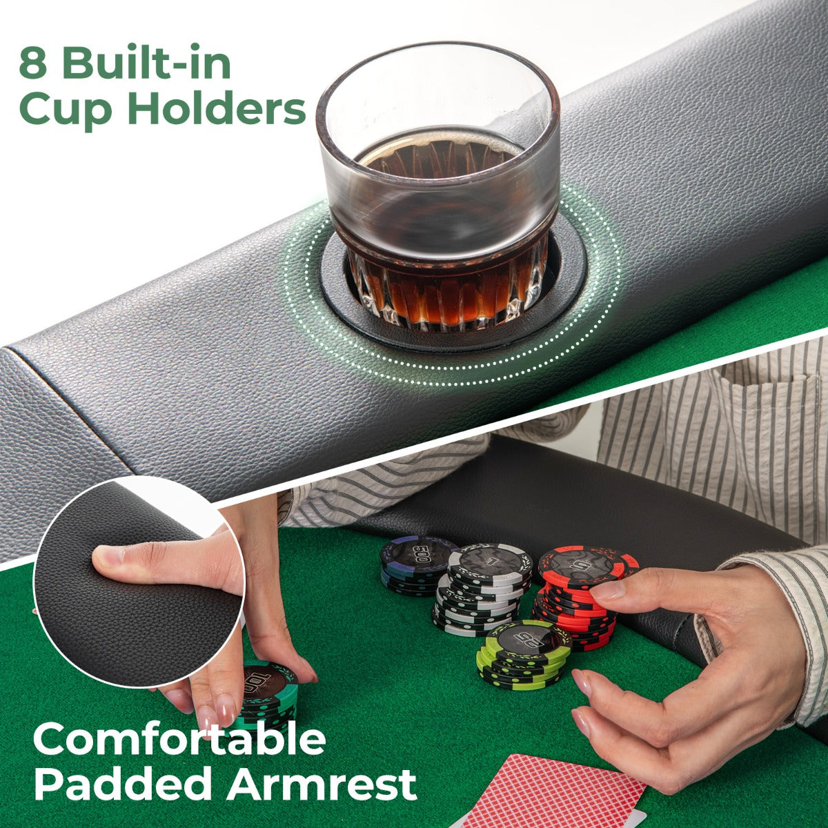 Close up of the padded armrest and built-in cup holder on the green game table