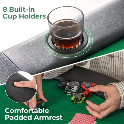 Close up of the padded armrest and built-in cup holder on the green game table