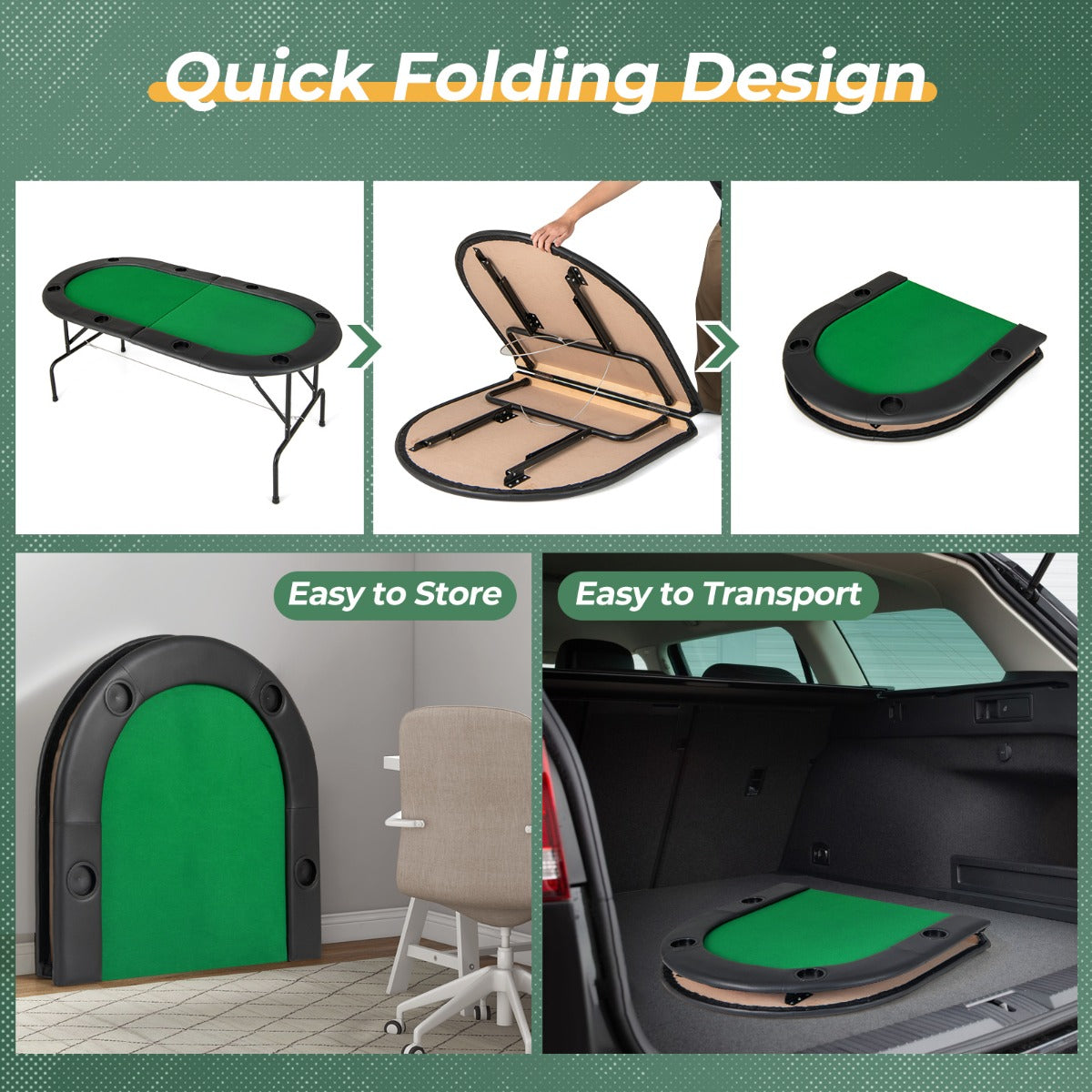 Diagram showing the quick folding design of the green game table for storage and transport