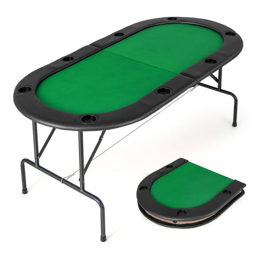 Folding Cardboard Game Table with 8 cup holders and comfy armrests in green, shown open and folded