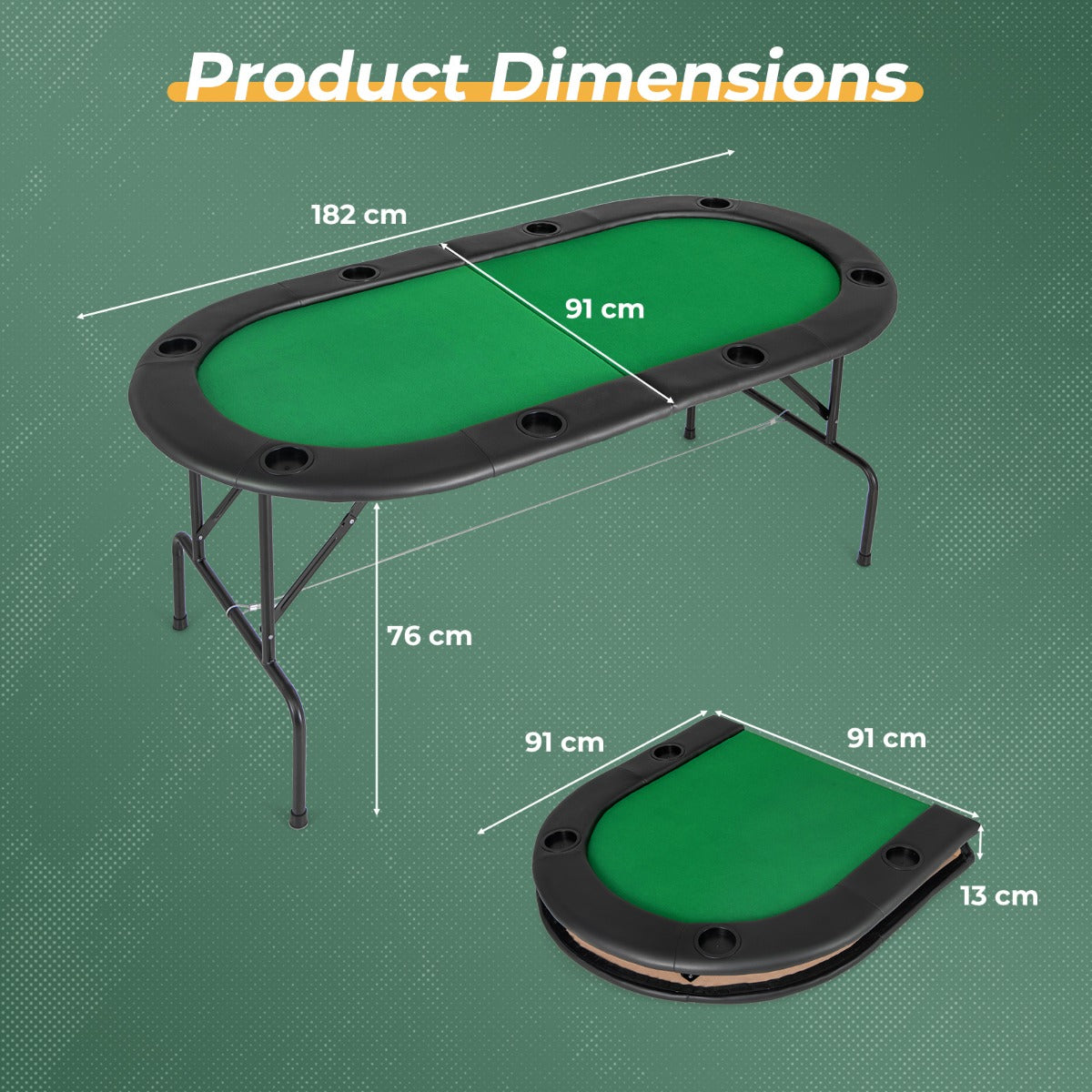 Product dimensions diagram showing the size of the open and folded green game table
