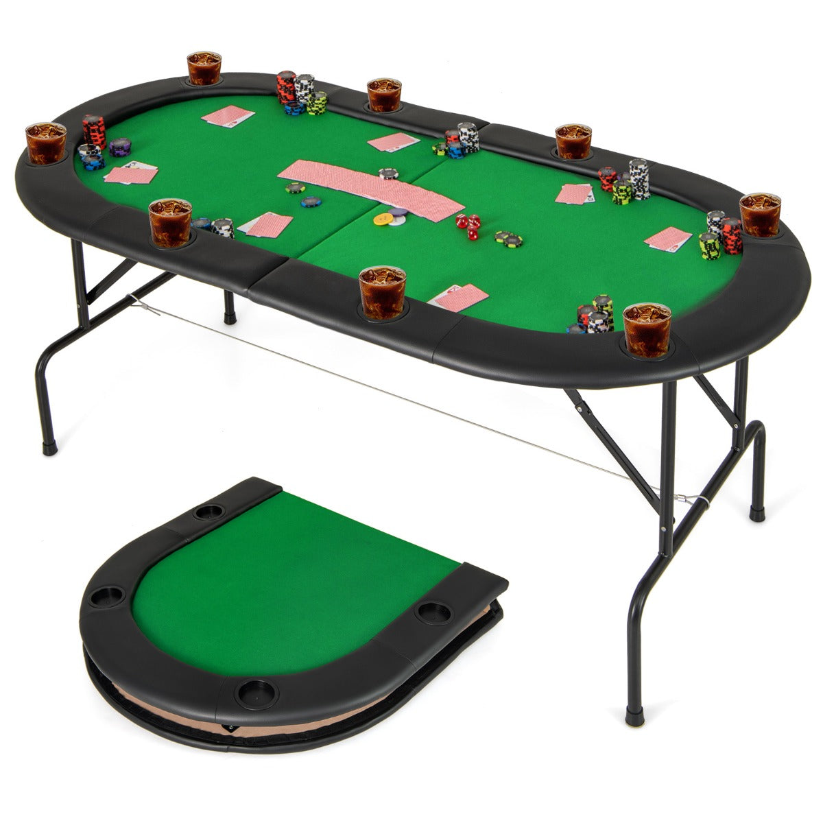The green folding game table with 8 cup holders, shown open with a folded table beside it