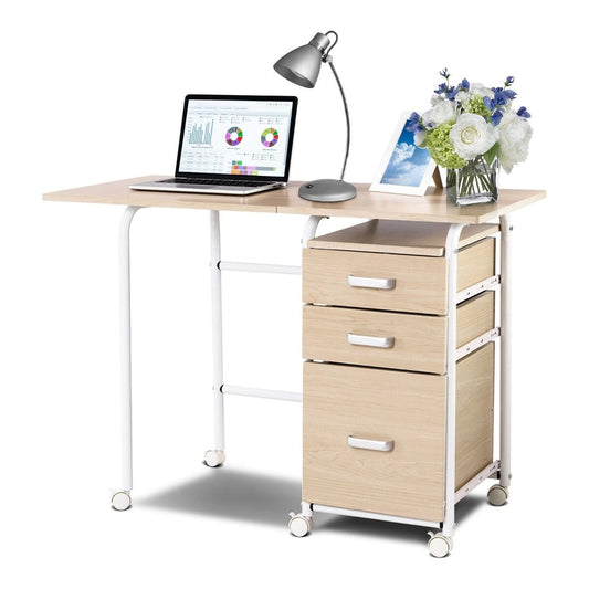 Folding Computer Desk with rolling wheels and 3 drawers in a natural wood finish