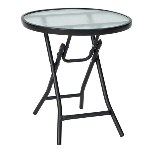 Folding Garden Side Table with a round tempered glass top and black metal folding legs