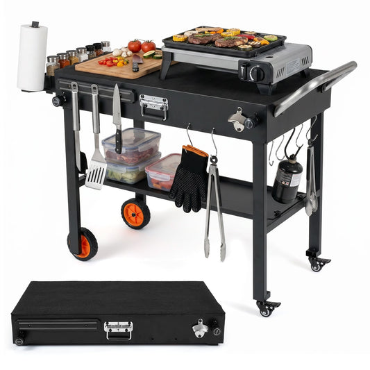 Folding Grill Cart with Heat-Resistant Mat and Lockable Wheels fully assembled and folded flat