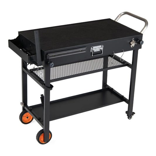 Folding Grill Cart with wheels and a heat-resistant mat for BBQ, shown from the front
