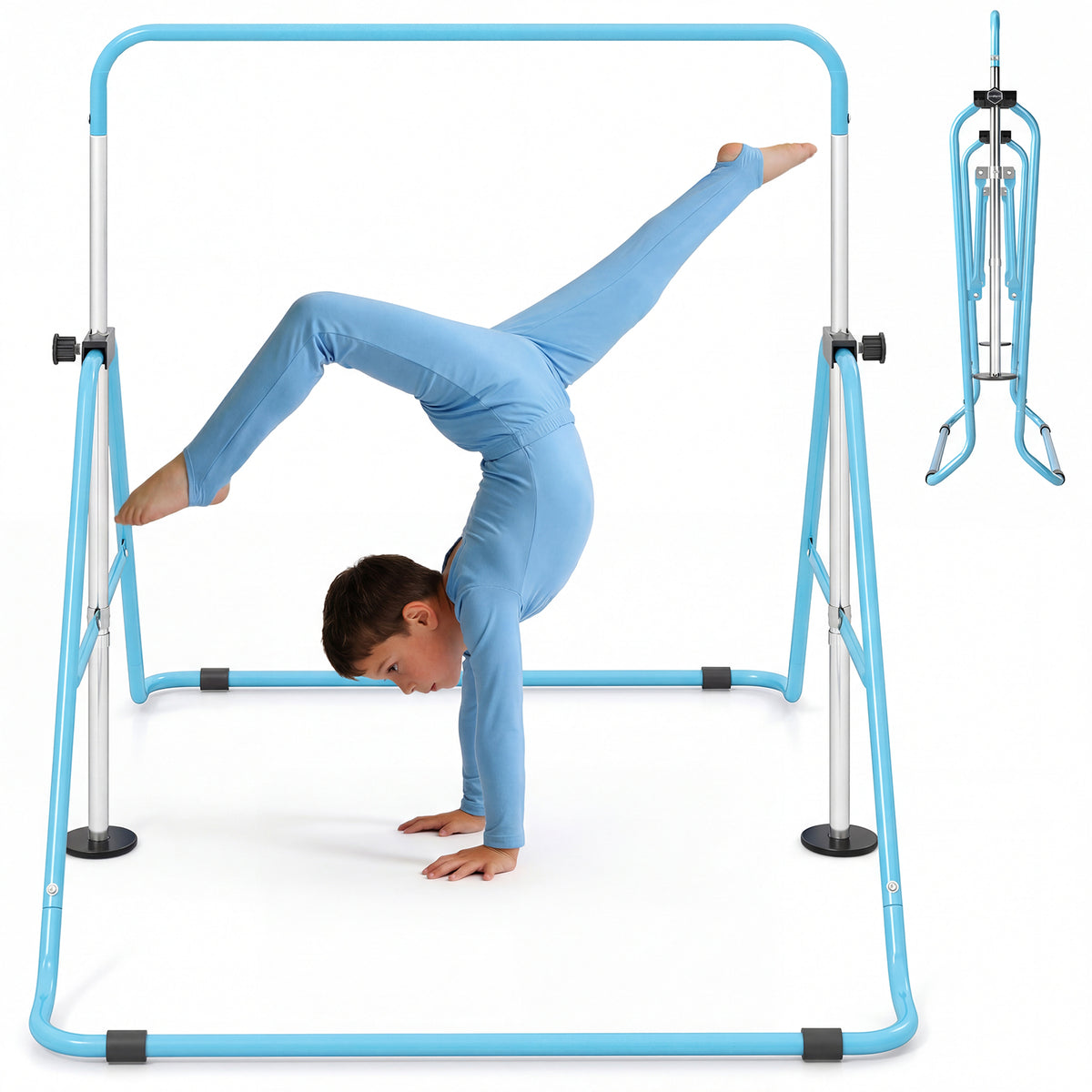 A child doing a handstand on the blue folding gymnastics bar in a room