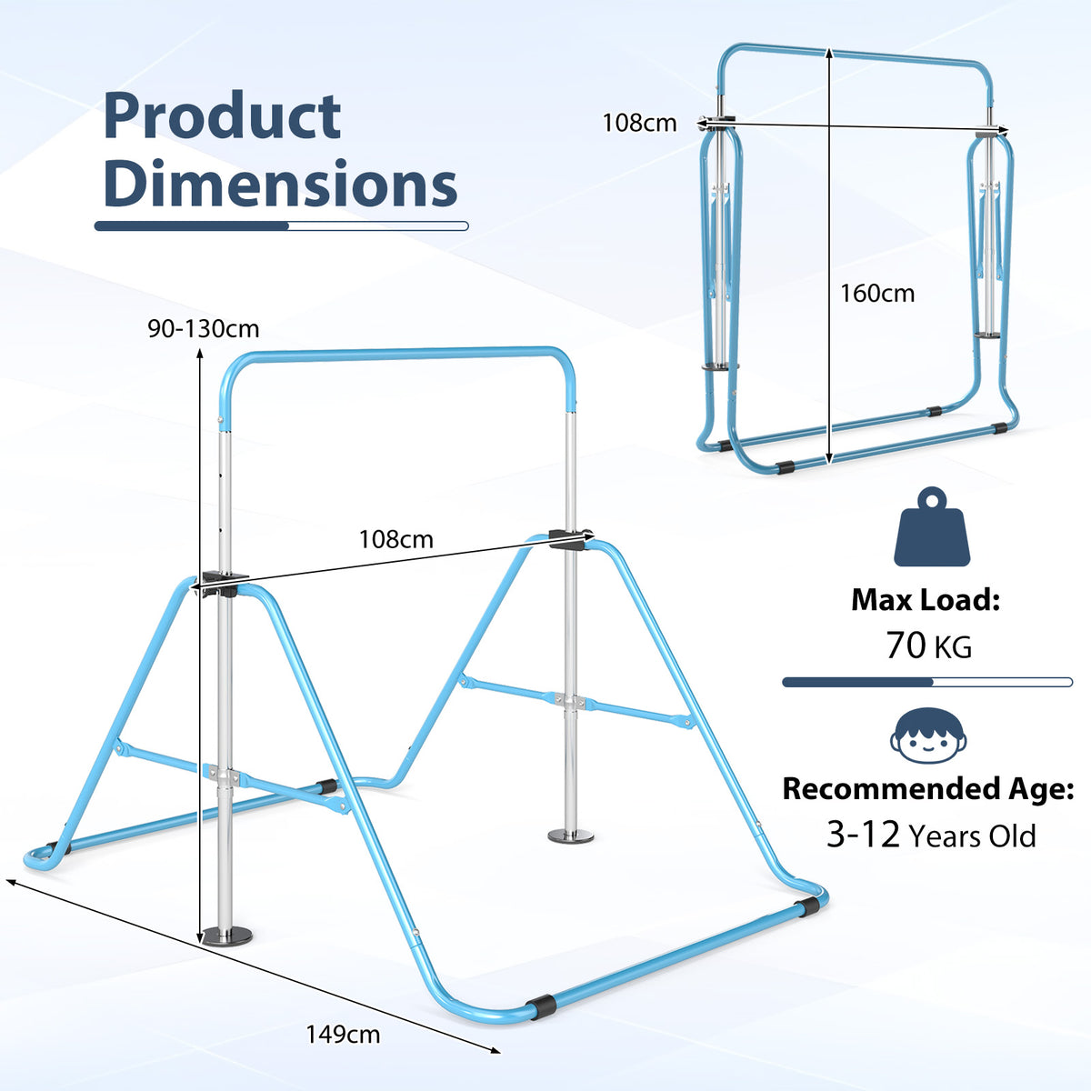 Product dimensions diagram for the blue gymnastics bar, showing height and width