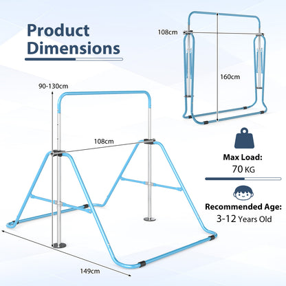 Product dimensions diagram for the blue gymnastics bar, showing height and width