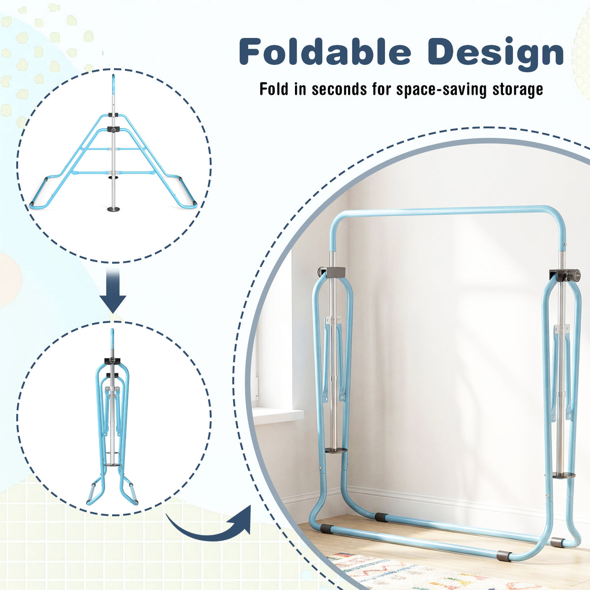 Foldable design of the blue gymnastics bar, showing it folding flat for storage