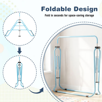 Foldable design of the blue gymnastics bar, showing it folding flat for storage