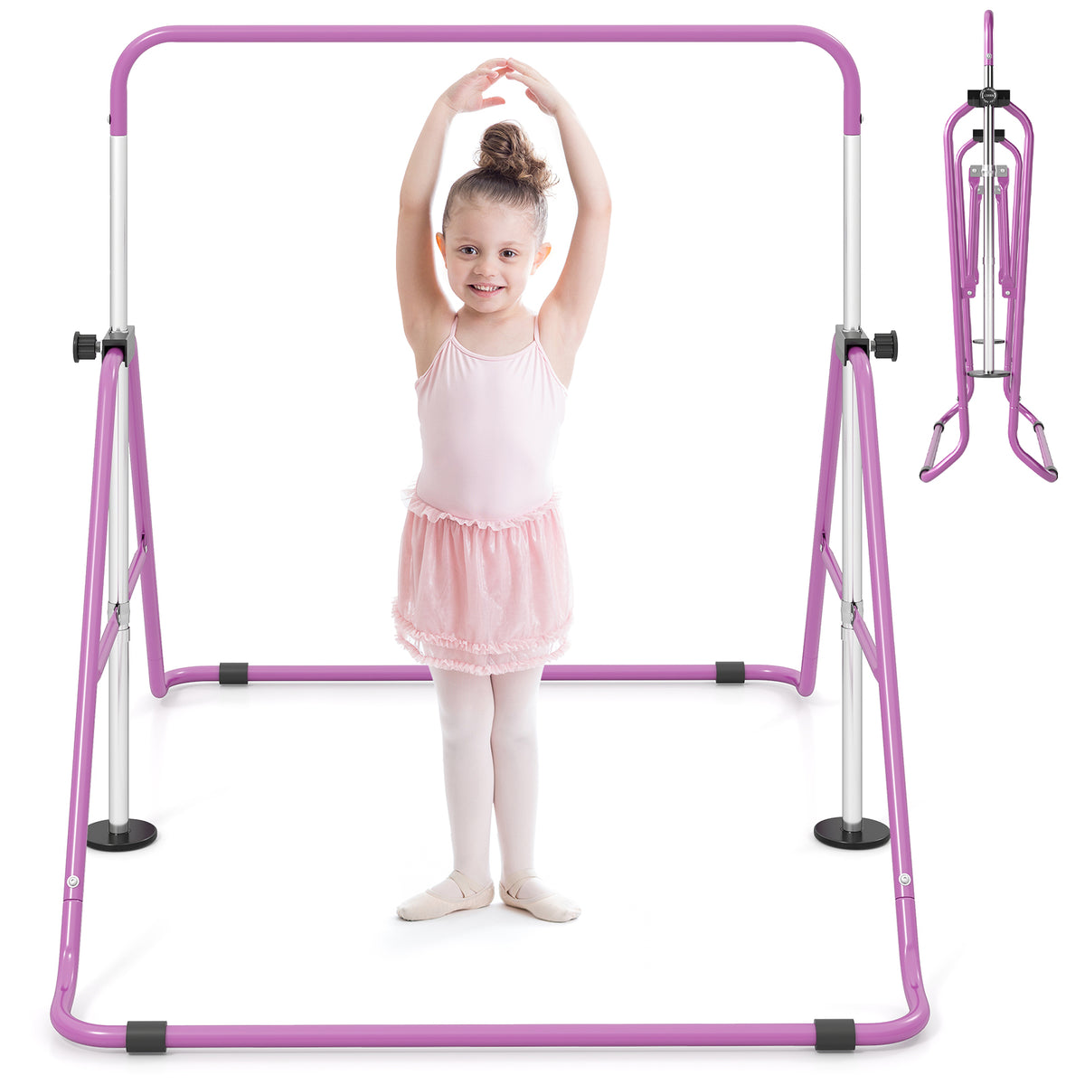 The horizontal bar with a young girl standing in front and a small folded version in the corner