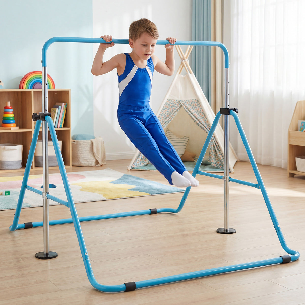The blue gymnastics bar with a boy performing a kip exercise in a room