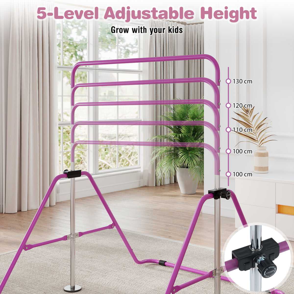 The horizontal bar showing five different height levels and a close-up of the adjustment knob