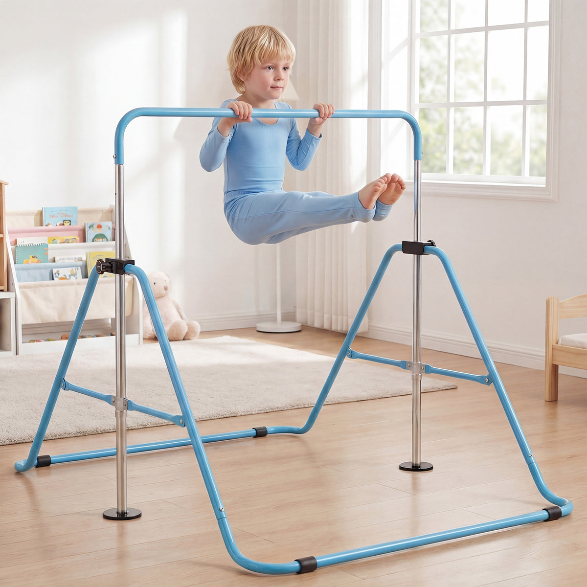The kids gymnastics bar in blue, with a boy doing a sit-up exercise indoors