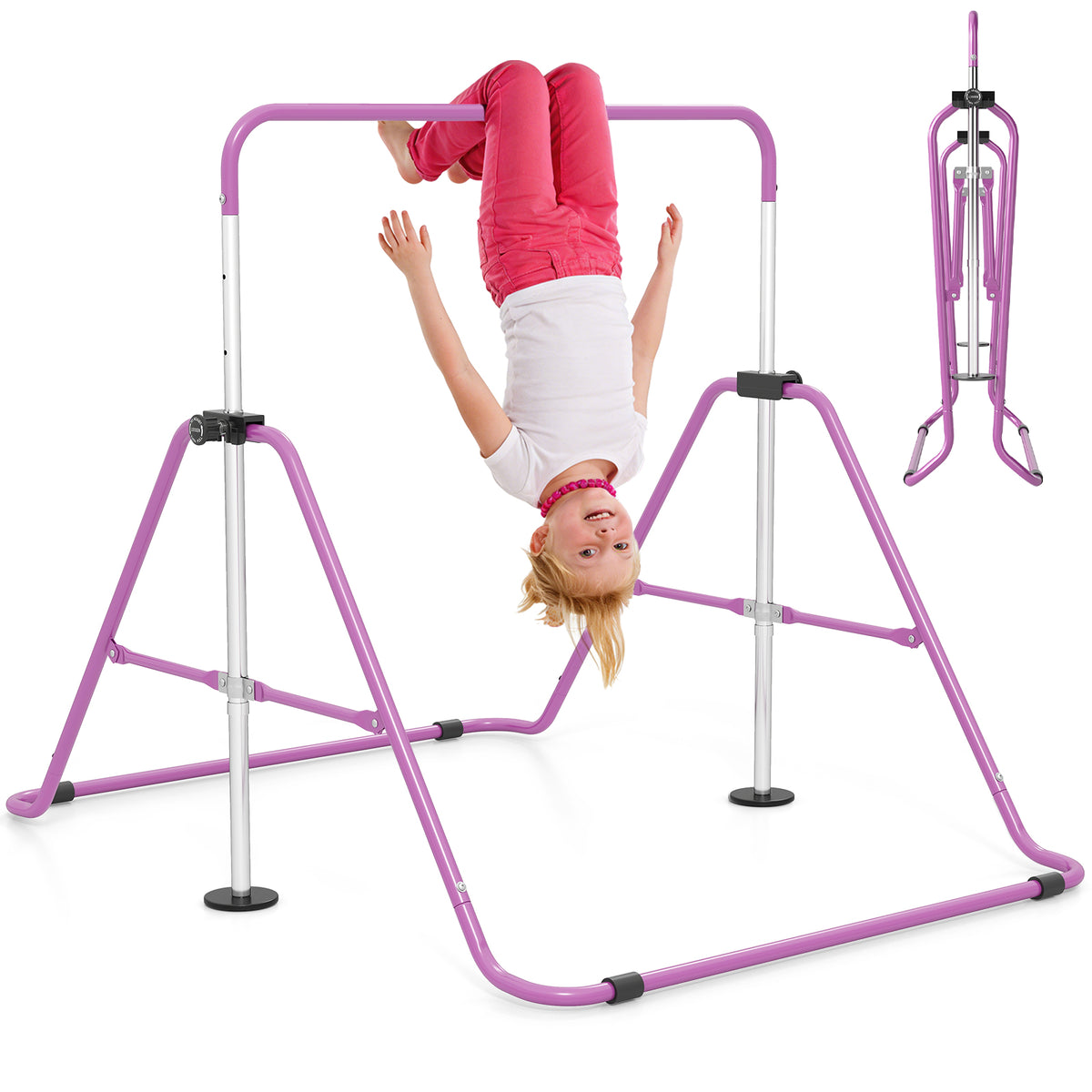 Folding Gymnastics Bar shown in use with a child hanging upside down and a folded version on the side