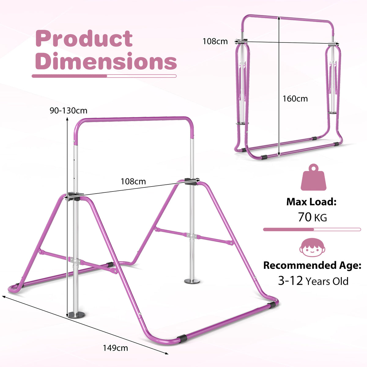 The training equipment showing various measurements and technical specifications on a white background