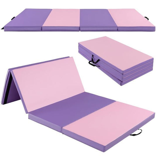 Folding Gymnastics Mat in purple and pink, unfolded and folded