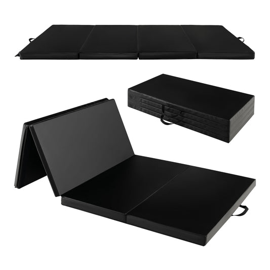 Folding Gymnastics Mat with Carry Handles shown fully extended and folded in black