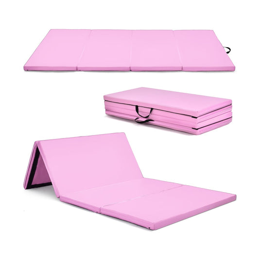 Folding Gymnastics Mat with Carry Handles in pink, shown flat and folded