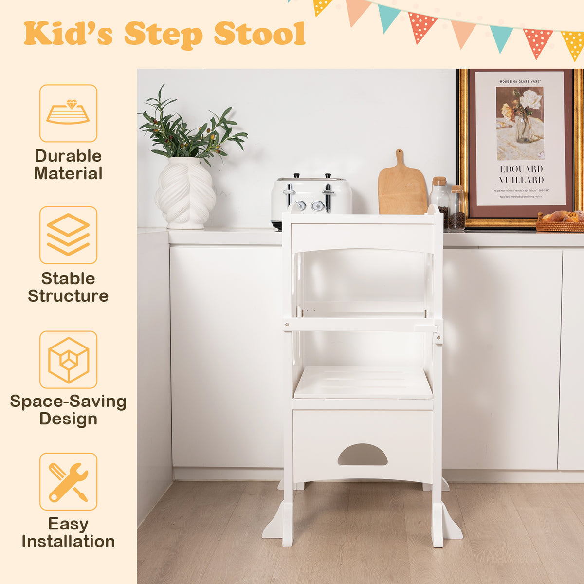 White nursery furniture step stool with icons for durable material, stable structure, space-saving design and easy