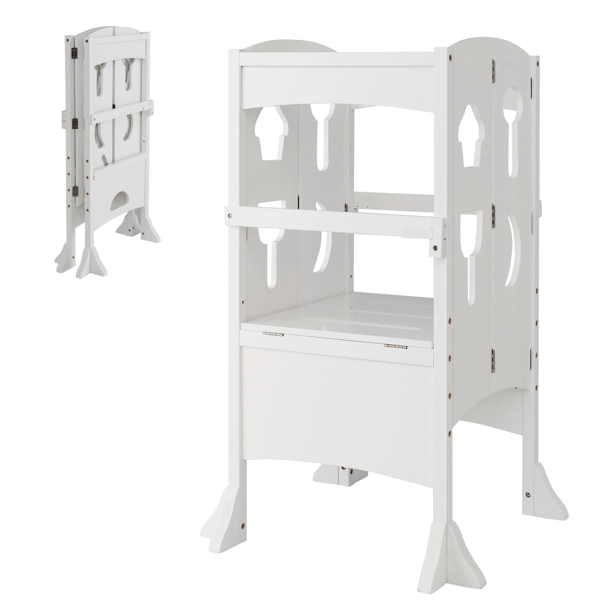 The white nursery furniture step stool shown from the front and folded from the side