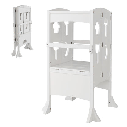 The white nursery furniture step stool shown from the front and folded from the side