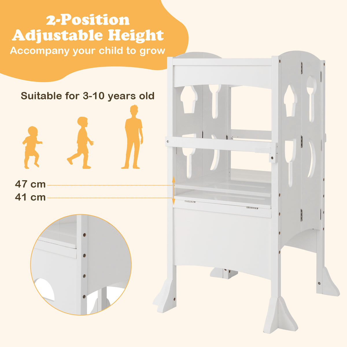 The nursery furniture showing the adjustable platform height and a close-up of the side holes