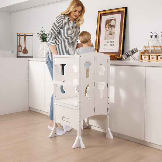 A mother and child using the white nursery furniture step stool in a modern kitchen