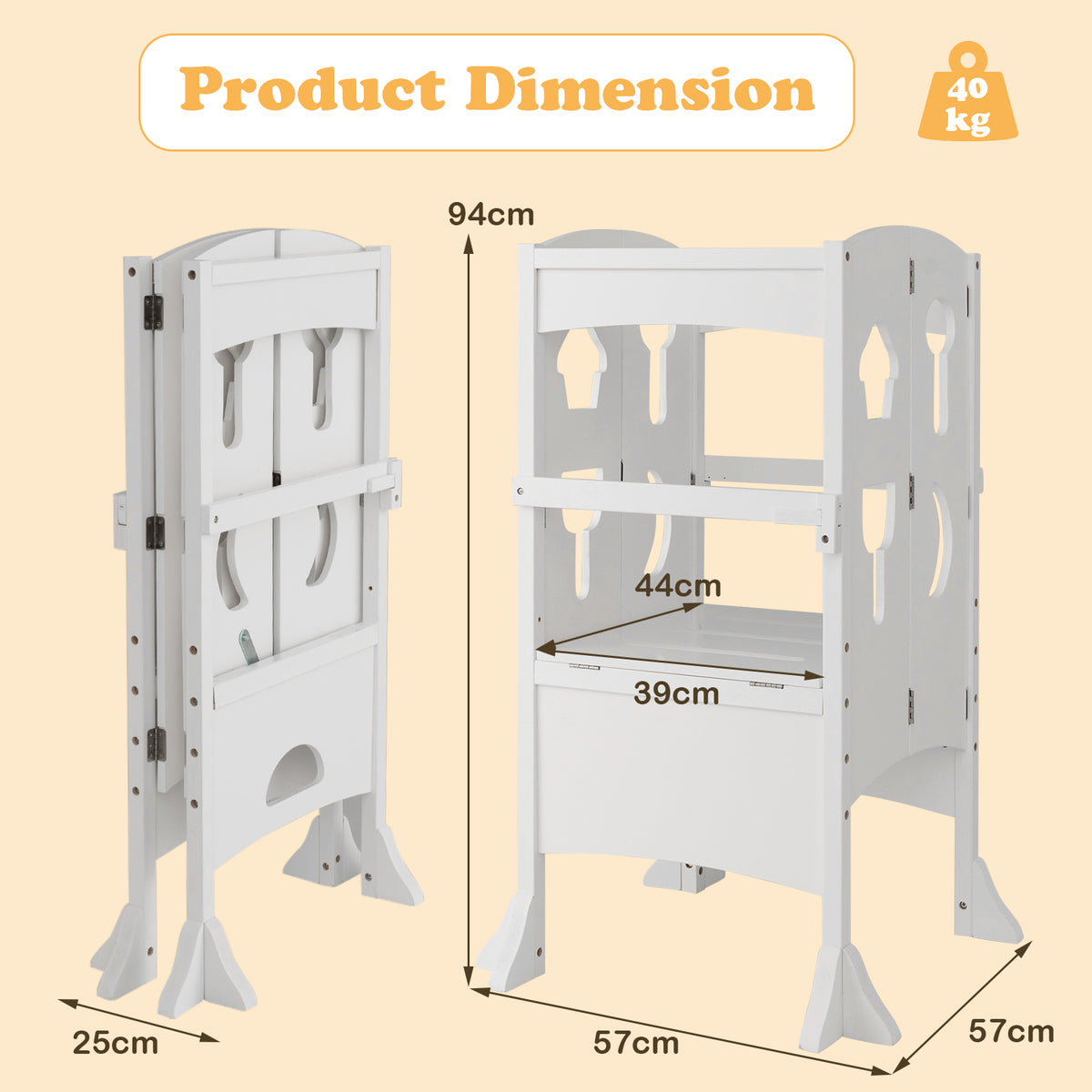 Product dimensions for the white nursery furniture step stool, showing height, width and depth