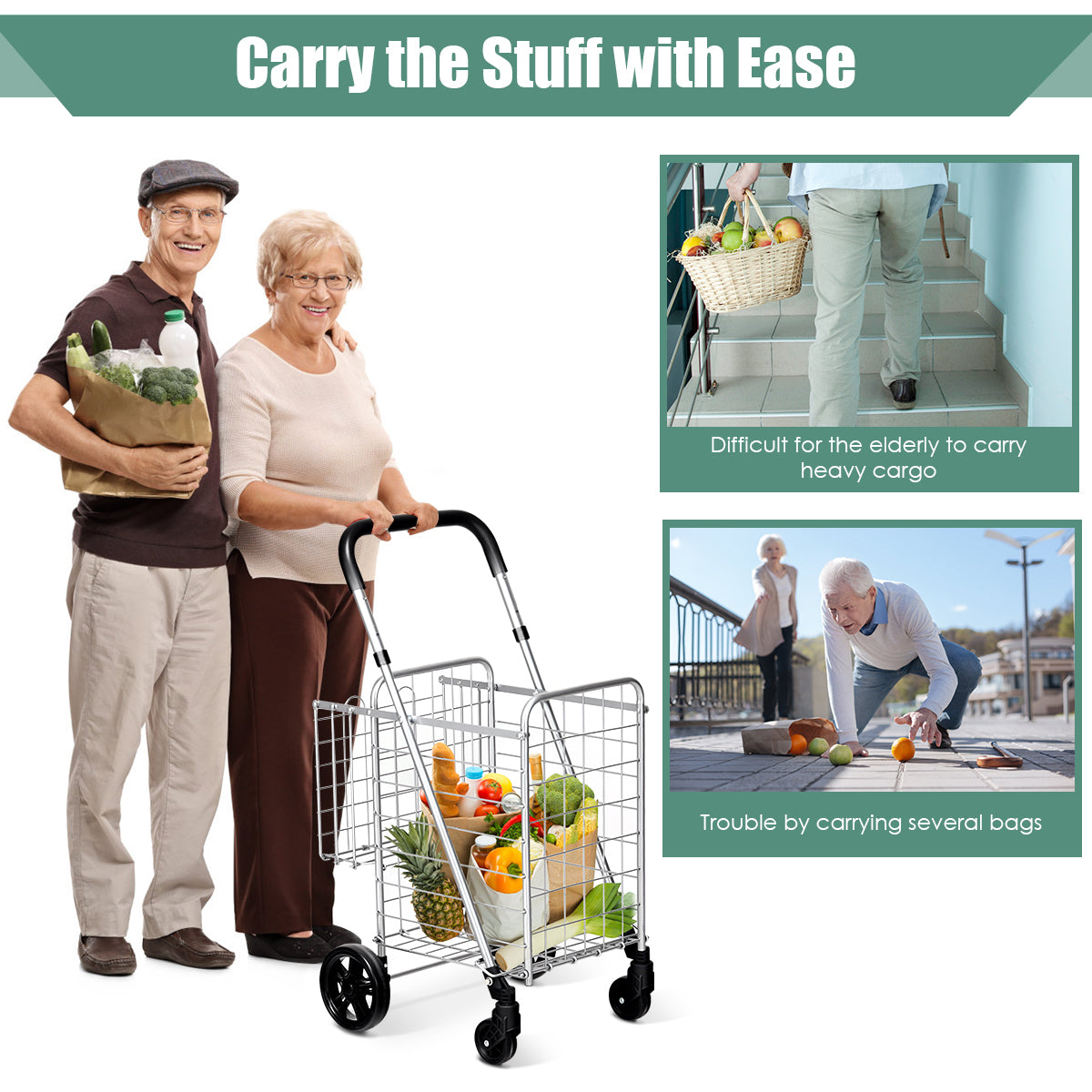 Elderly people use the shopping tote to carry groceries, showing ease of use