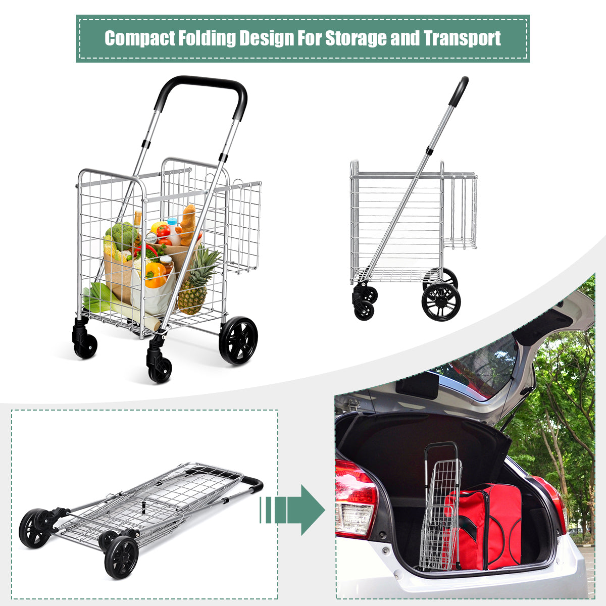 Compact folding design of the shopping tote for storage and transport