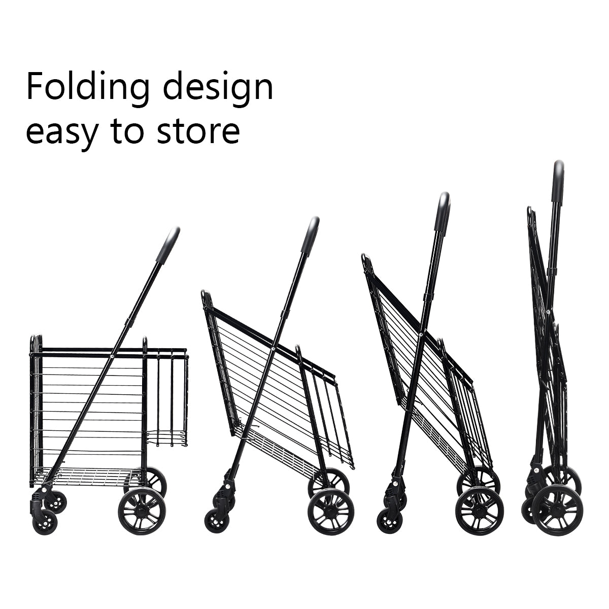 The folding shopping trolley shown in multiple folded positions, demonstrating its compact storage